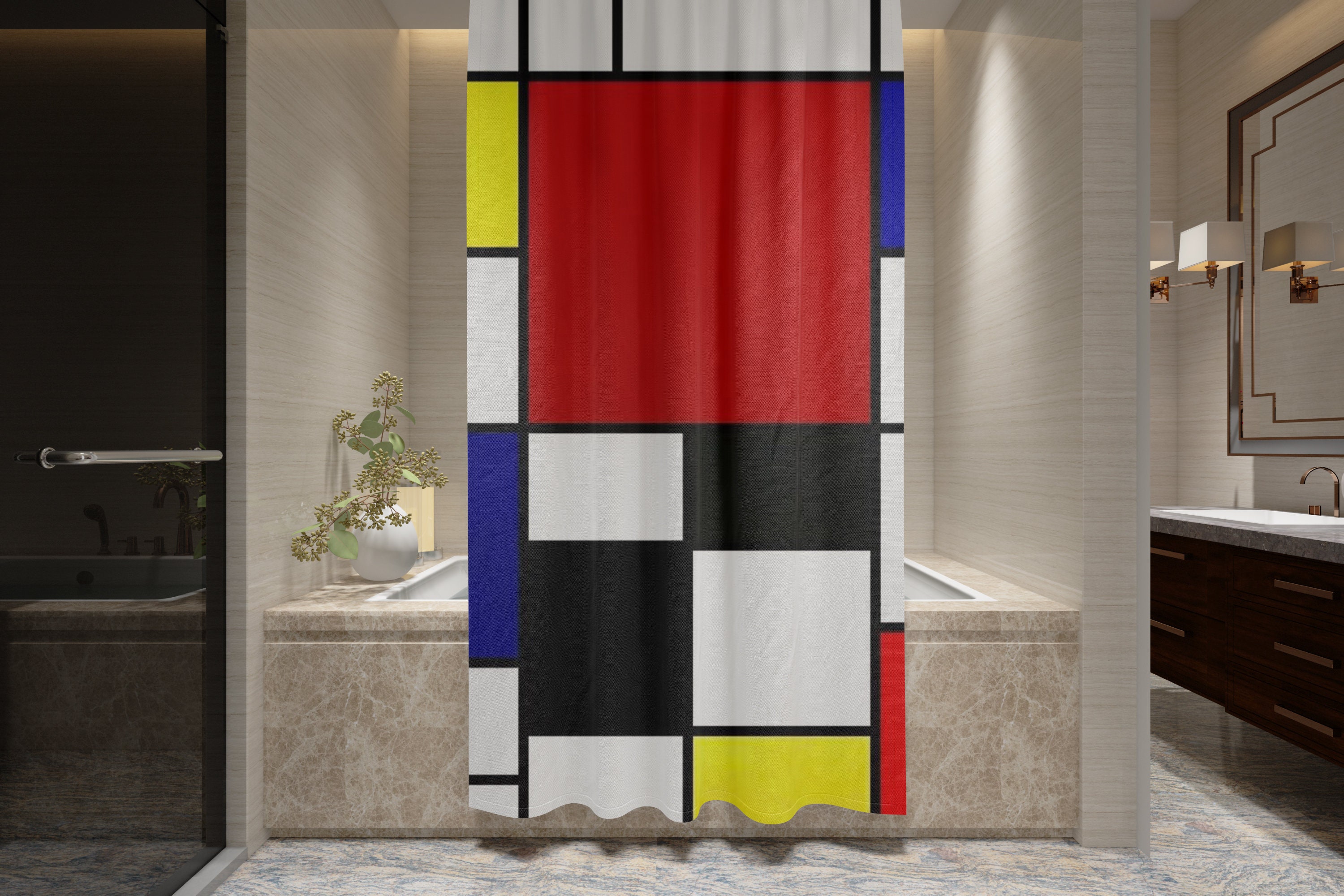 Cubism Art Decor Bohemian Shower Curtain in Abstract Modern Design - Eco-Friendly, Durable, and Waterproof with Hooks - Image 3