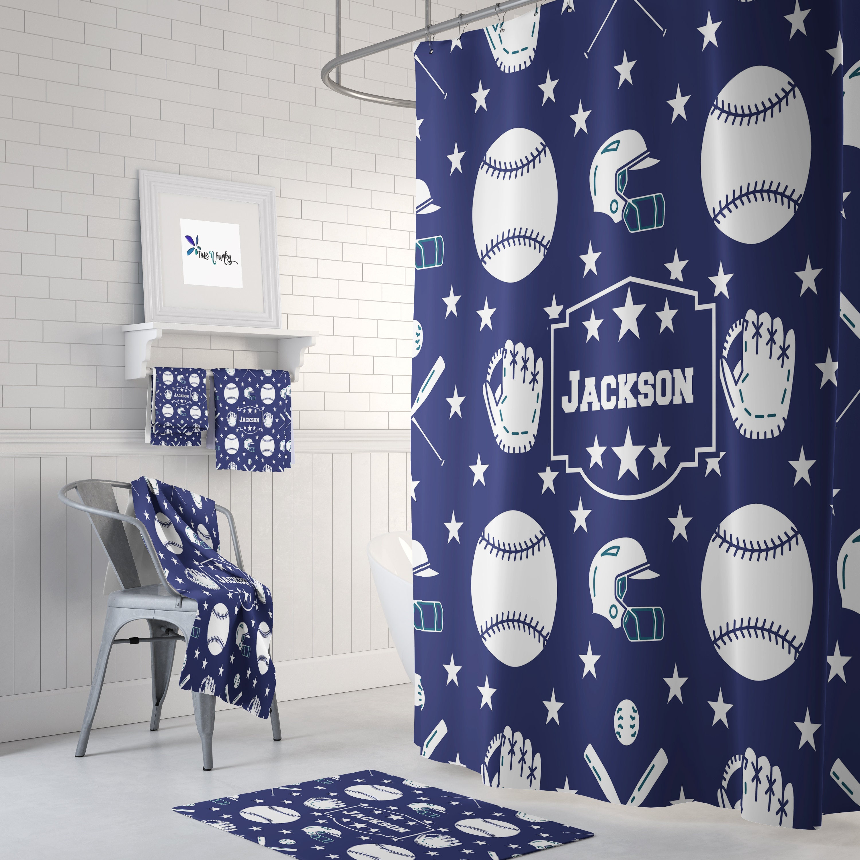 Custom Baseball Theme Shower Curtain Set with Personalized Banner and Blue and White Bathroom Decor