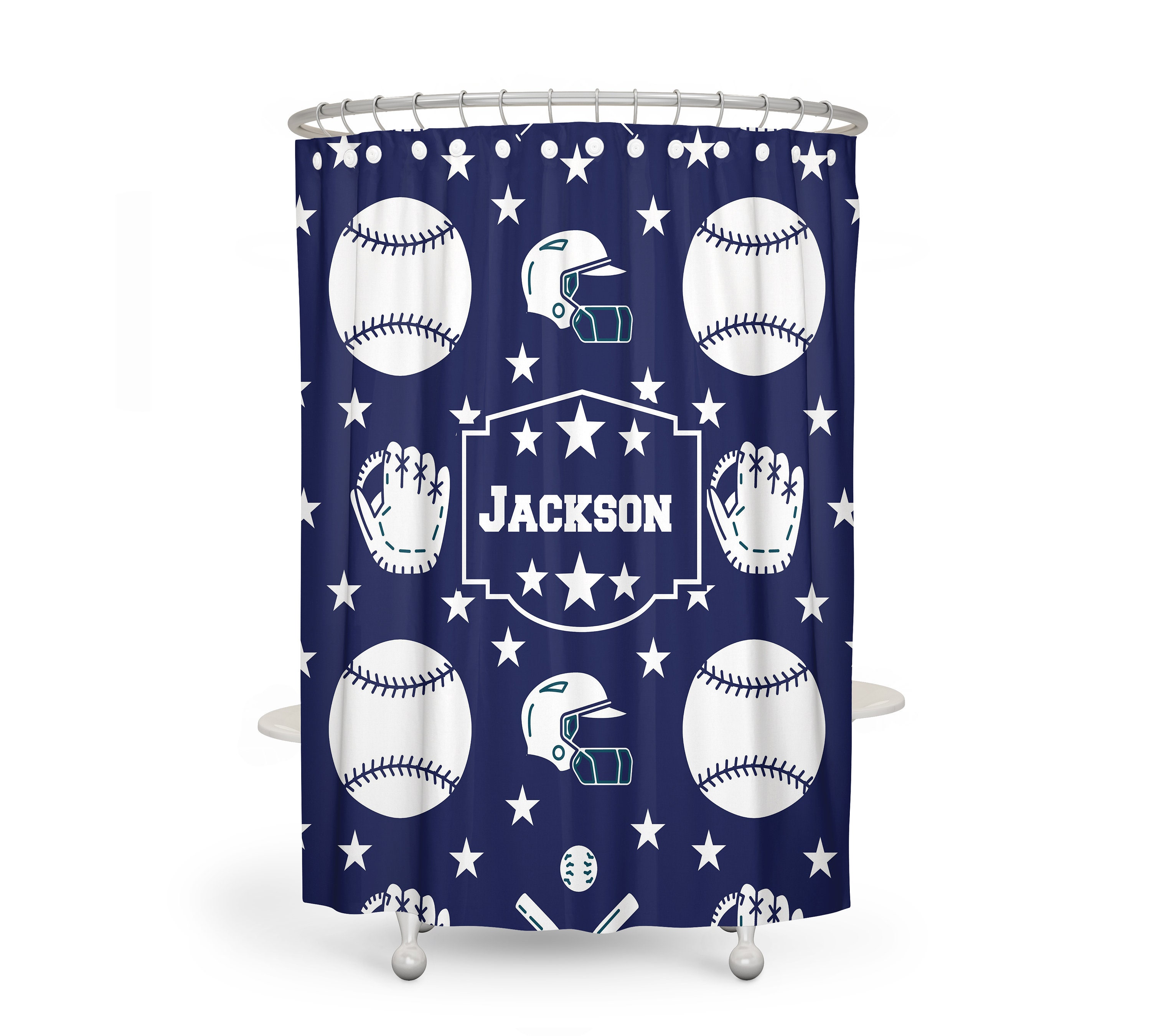 Custom Baseball Theme Shower Curtain Set with Personalized Banner and Blue and White Bathroom Decor - Image 2