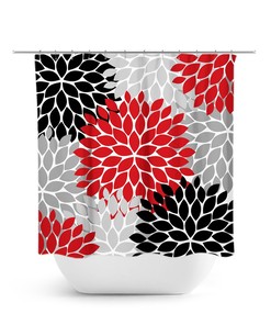Custom Black Red Gray Floral Shower Curtain, Modern Bathtub Curtain for Red Black Gray Bathroom Decor with Quotes