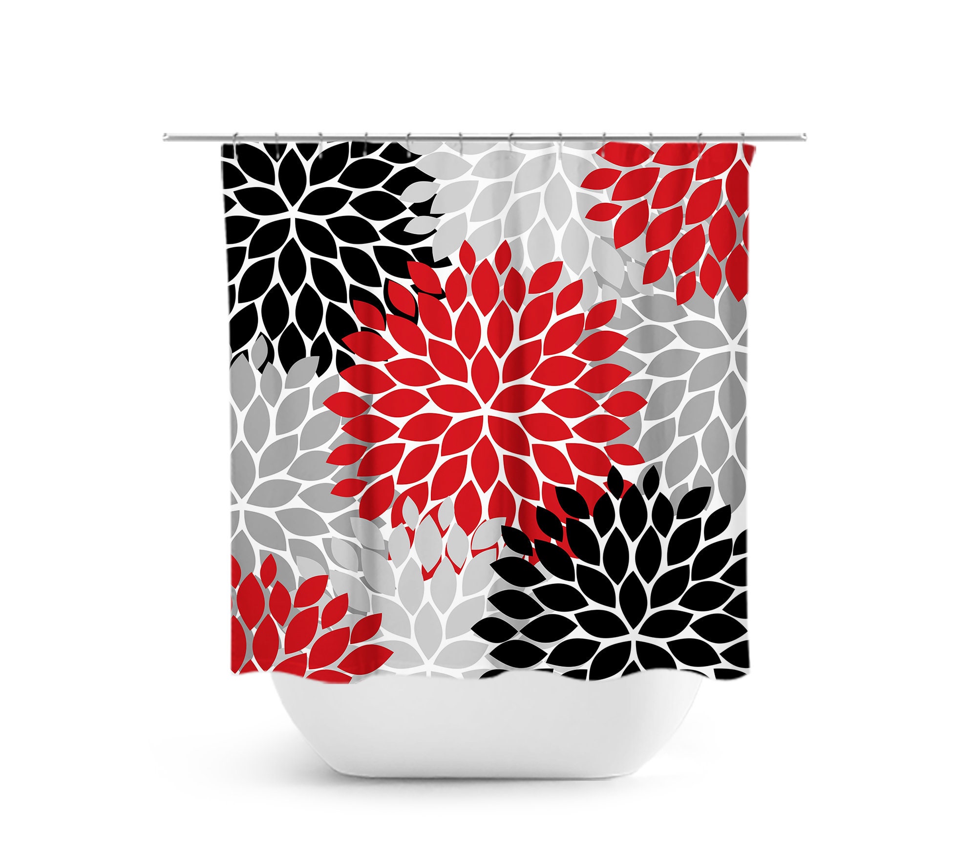 Custom Black Red Gray Floral Shower Curtain, Modern Bathtub Curtain for Red Black Gray Bathroom Decor with Quotes