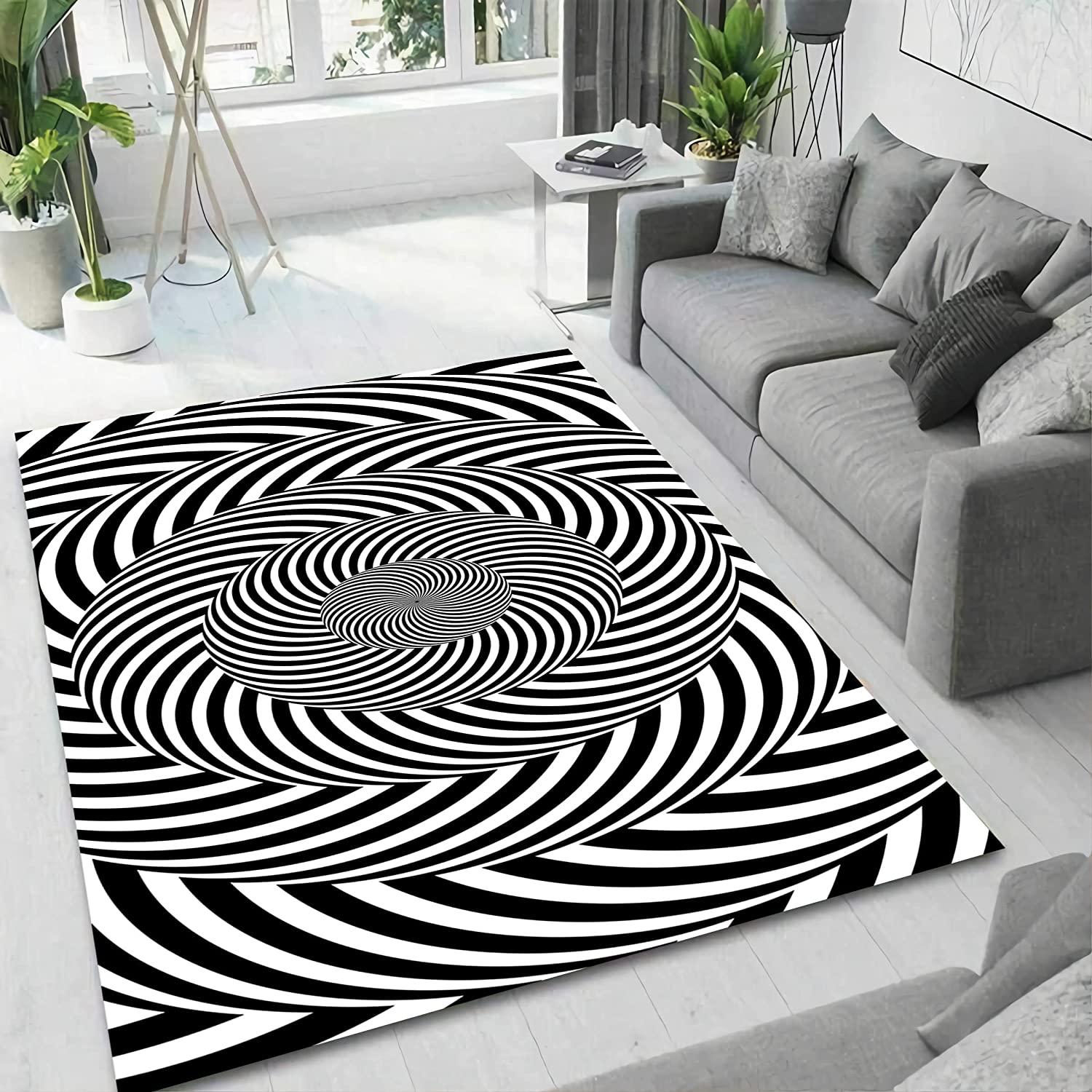 Custom Fractal Spiral Vortex Rug - Unique Black and White Living Room Area Rug with a Modern Flair