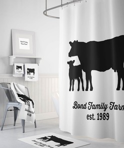 Custom Personalized Cow Shower Curtain, Farmhouse Rustic Country Design in Black and White