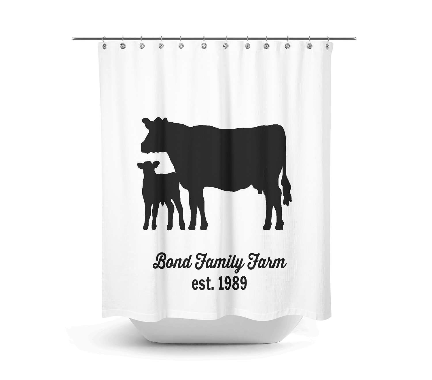Custom Personalized Cow Shower Curtain, Farmhouse Rustic Country Design in Black and White - Image 2