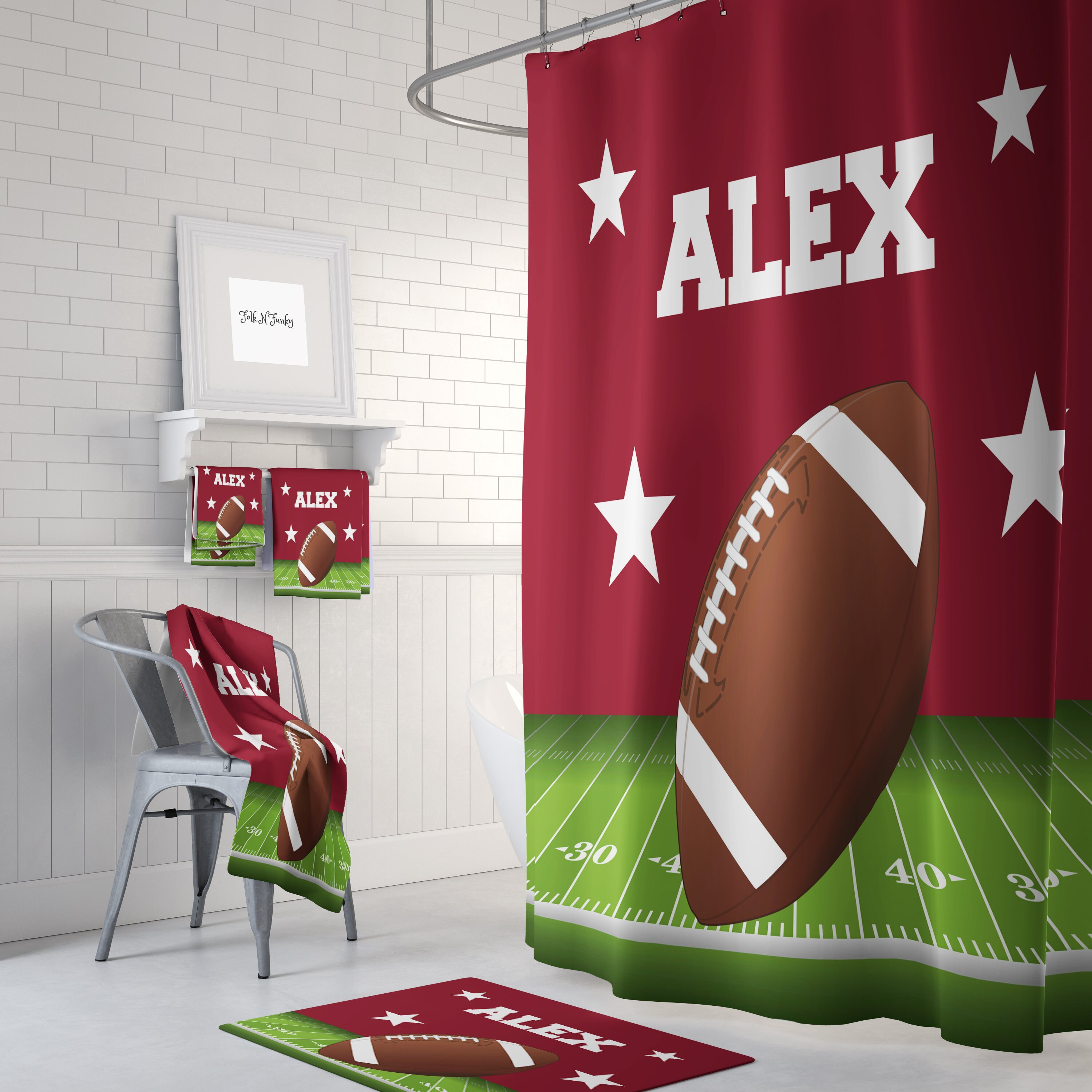 Custom Personalized Football Shower Curtain Set with Optional Bathroom Accessories