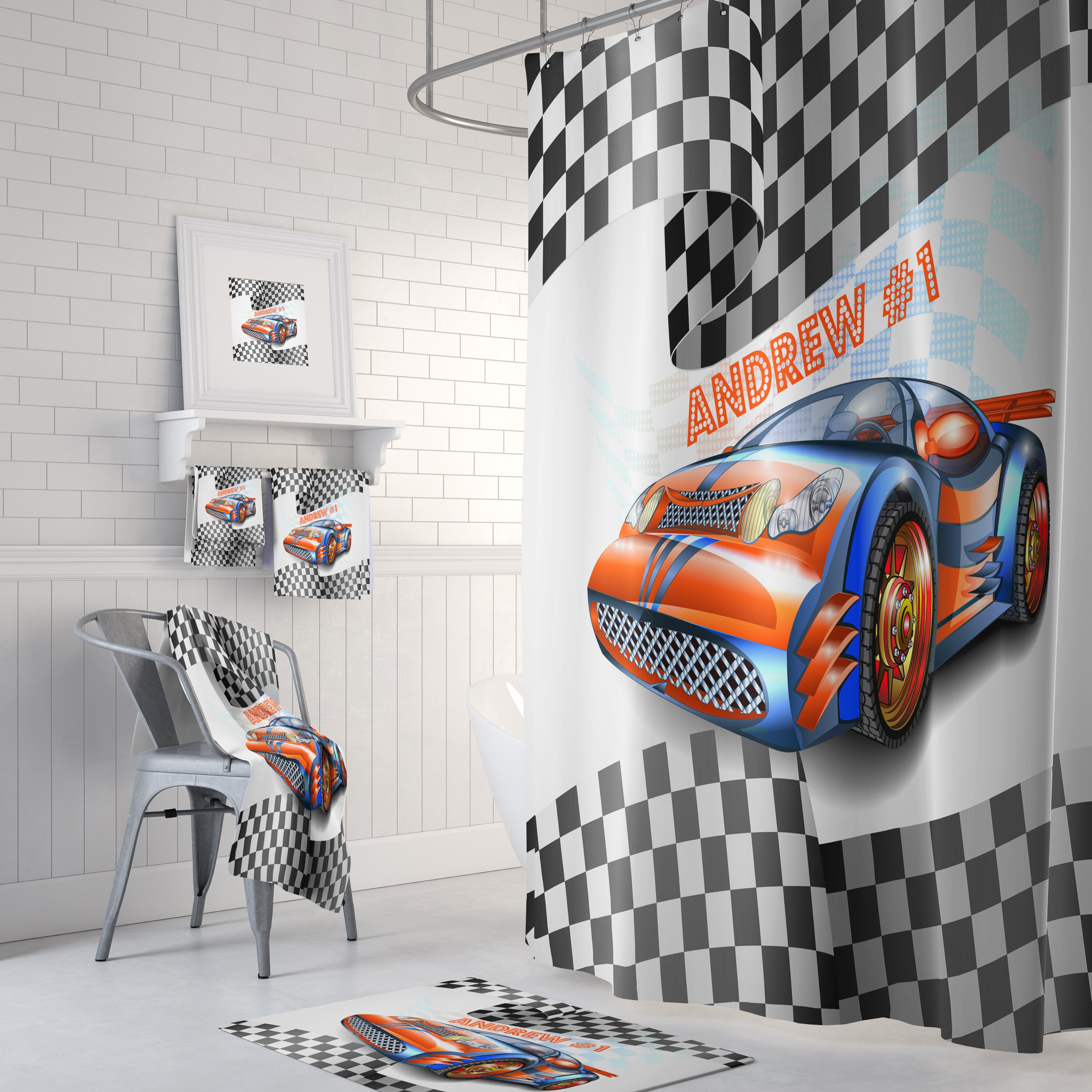 Custom Race Car Shower Curtain Set with Racing Fan Bath Decor