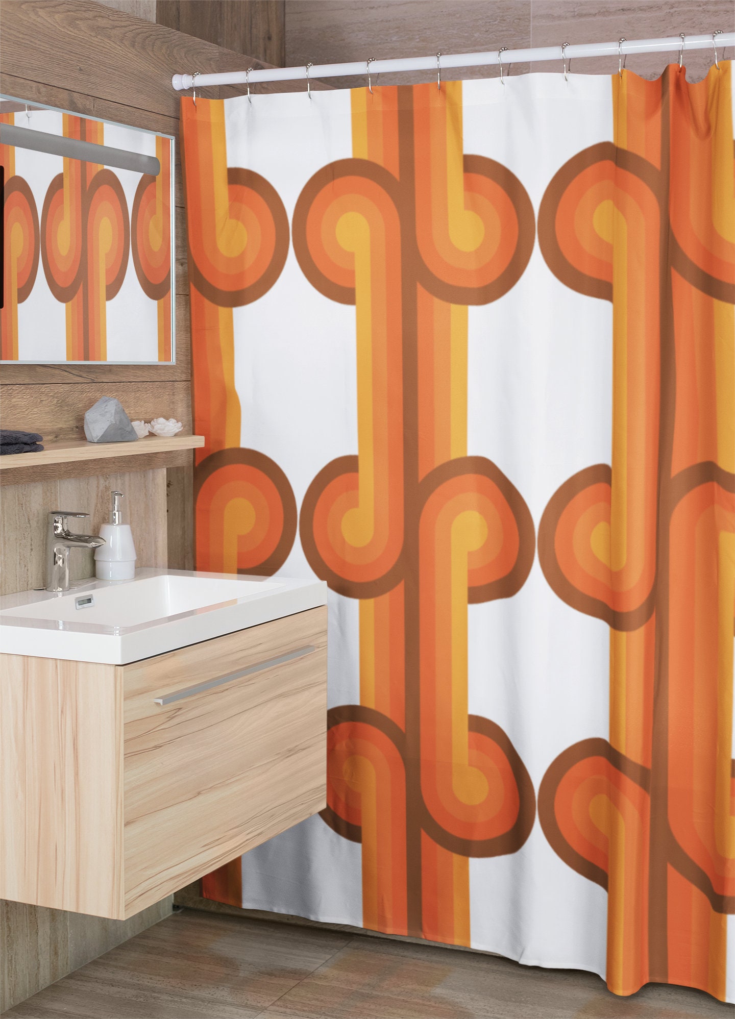 Custom Size Groovy Bathroom Shower Curtain, Waffle Weave Curtain with Retro Style and Housewarming Gift Idea