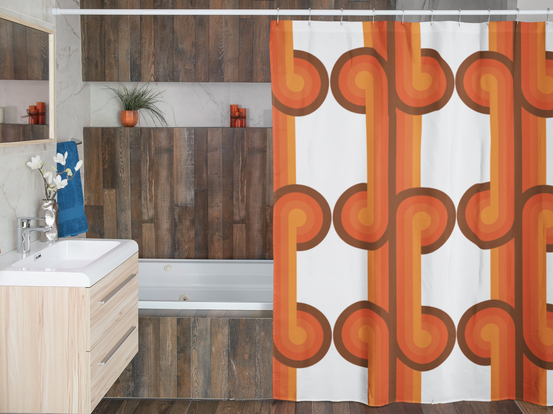 Custom Size Groovy Bathroom Shower Curtain, Waffle Weave Curtain with Retro Style and Housewarming Gift Idea - Image 2