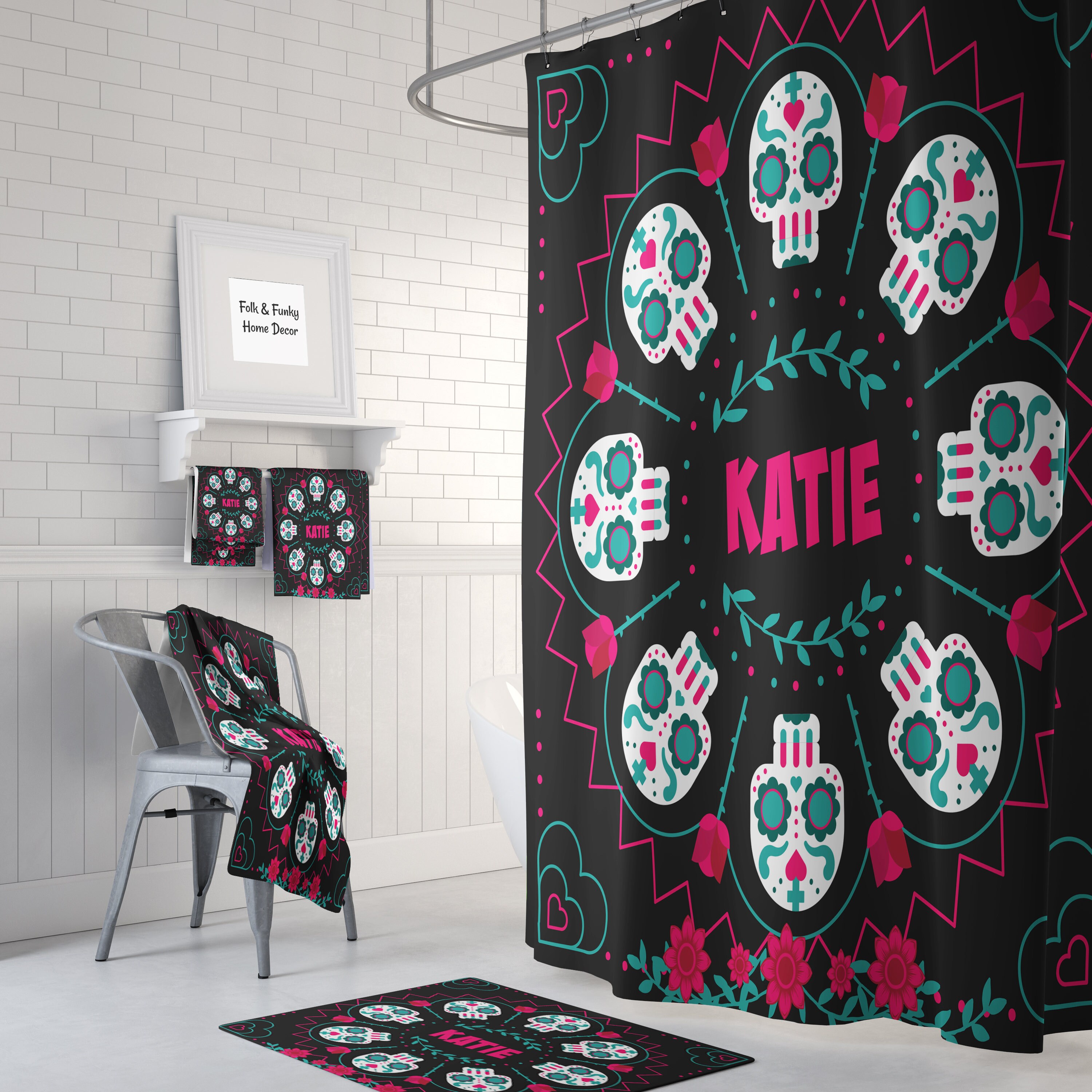 Custom Sugar Skull Personalized Shower Curtain with Bathroom Decor