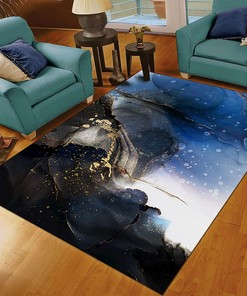 Customizable 70s Abstract Blue Ocean Area Rug with Sophisticated Black and Gold Art Deco