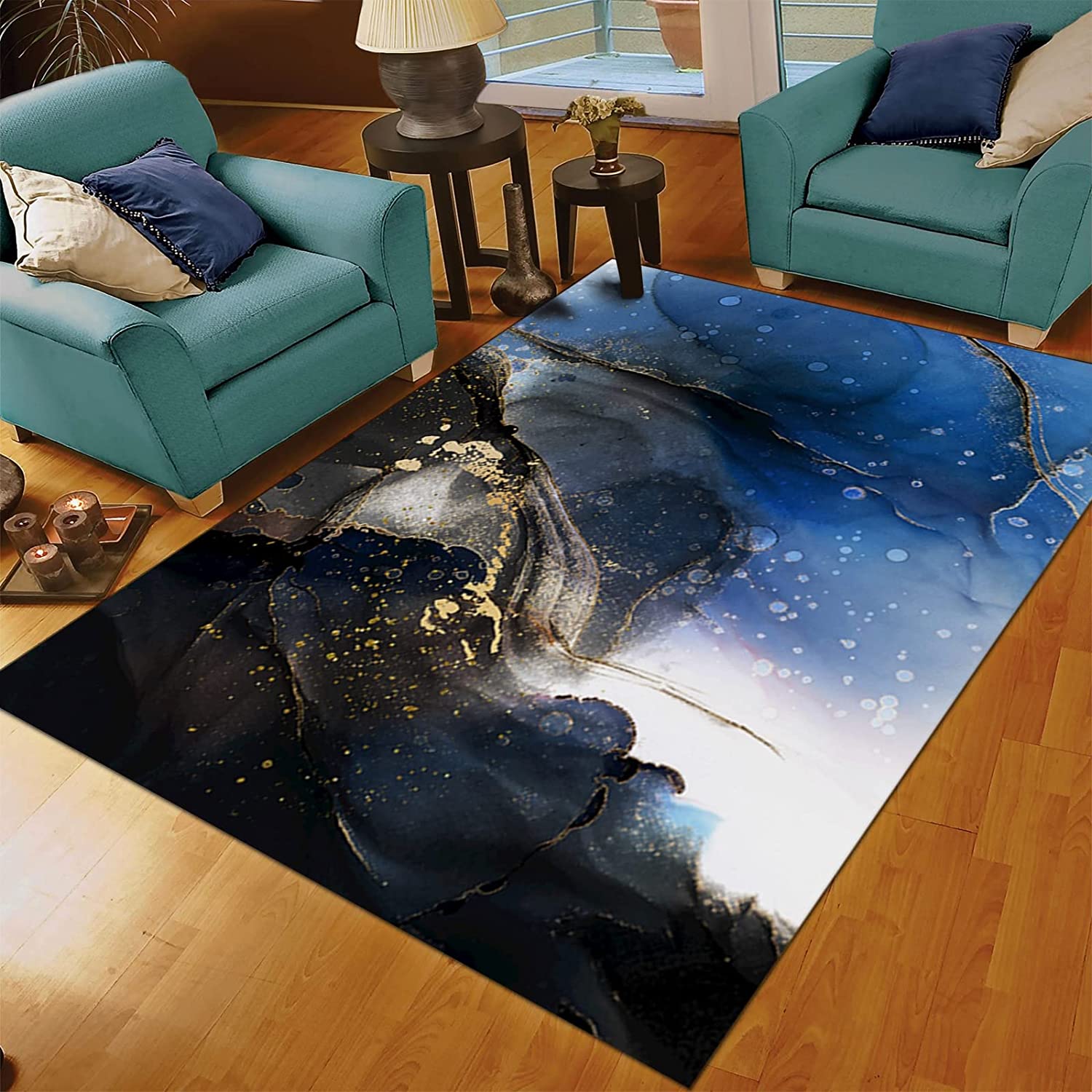 Customizable 70s Abstract Blue Ocean Area Rug with Sophisticated Black and Gold Art Deco