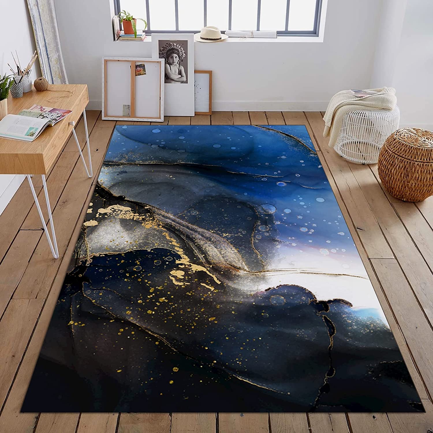 Customizable 70s Abstract Blue Ocean Area Rug with Sophisticated Black and Gold Art Deco - Image 2