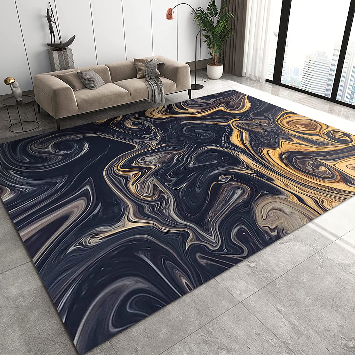 Customizable 70s Black Gold Marble Gradient Texture Area Carpet for Unique Home Decor - Image 2