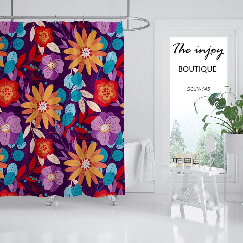 Customizable Floral Flower Shower Curtain for Bathroom, Colorful Home Decor - Image 2