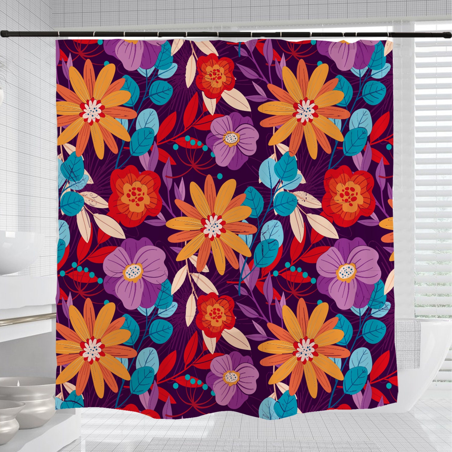 Customizable Floral Flower Shower Curtain for Bathroom, Colorful Home Decor - Image 3