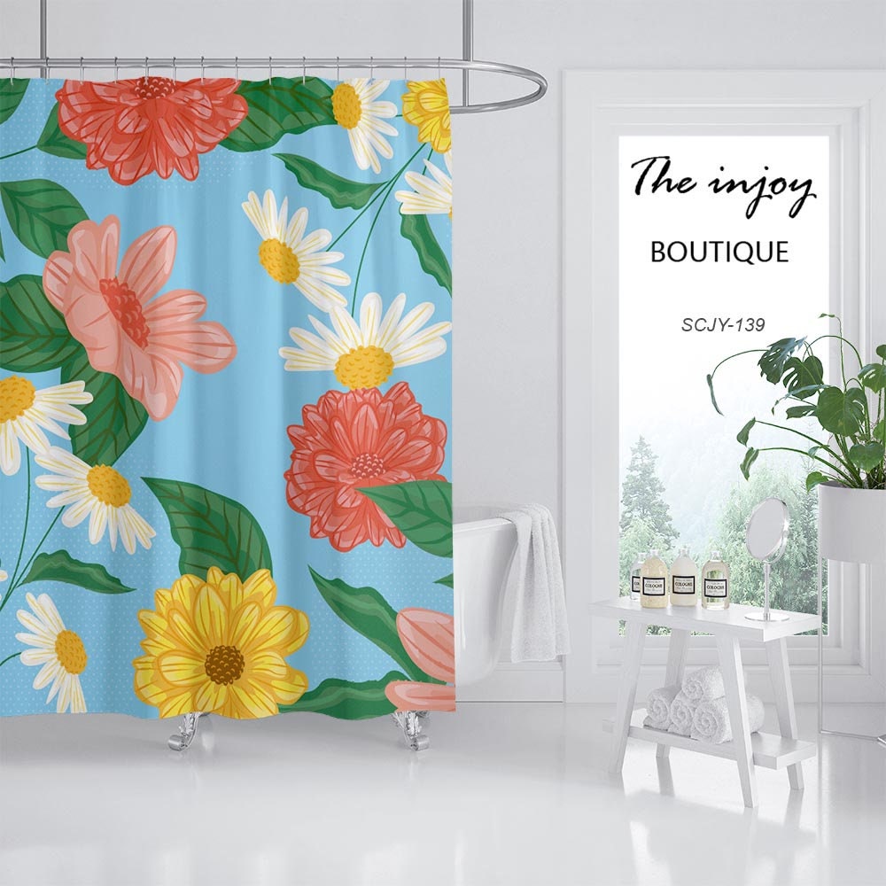 Customizable Floral Flowers Shower Curtain with Hooks, Tropical Plants Bathroom Bathtubs Home Decor - Image 2