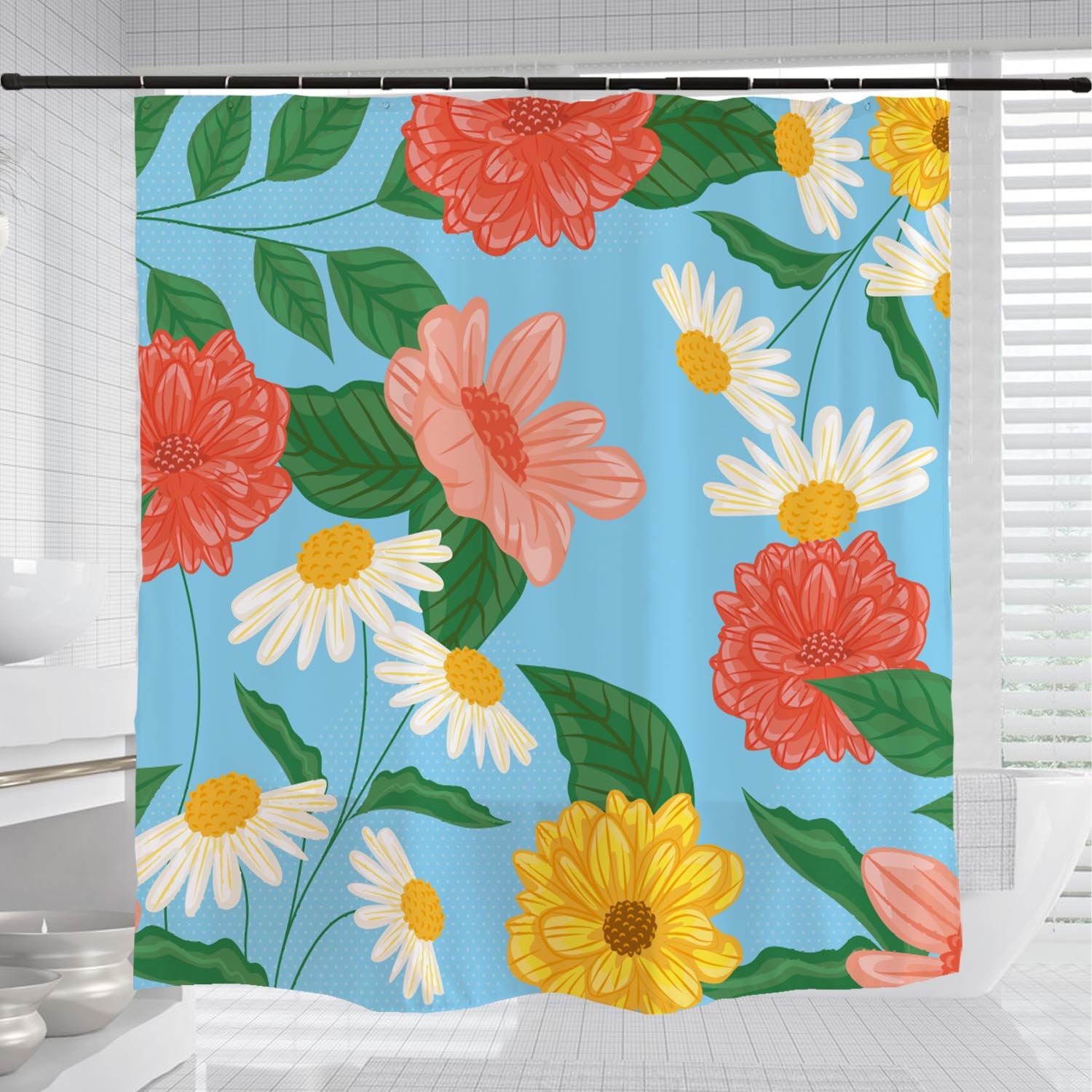 Customizable Floral Flowers Shower Curtain with Hooks, Tropical Plants Bathroom Bathtubs Home Decor - Image 3