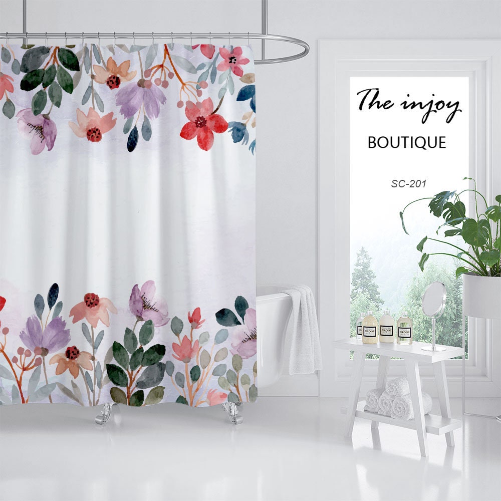 Customizable Flowers Shower Curtain Set, Flower Plant Floral Bathroom Decor with Waterproof Washable Bath Curtain - Image 2