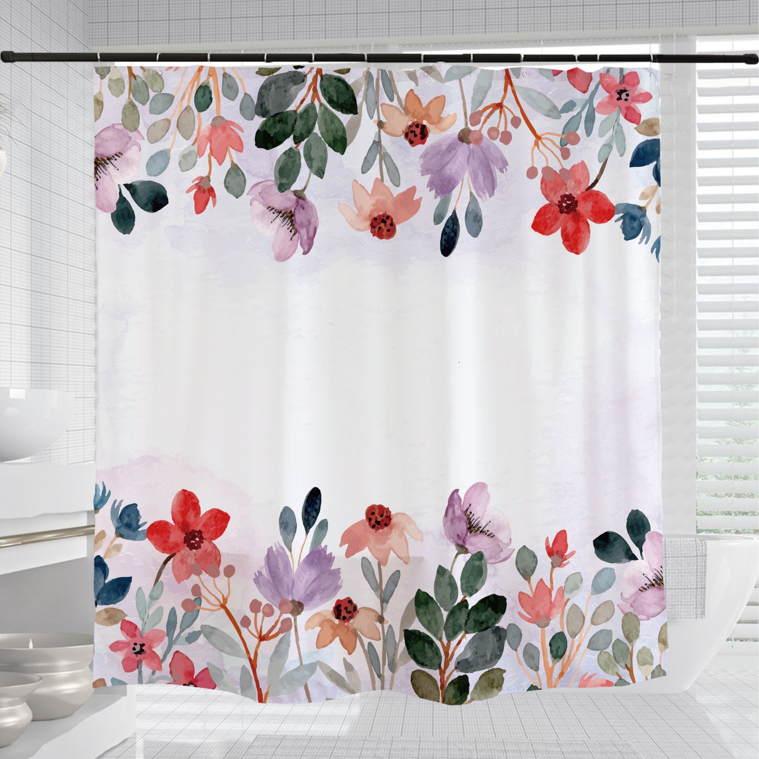 Customizable Flowers Shower Curtain Set, Flower Plant Floral Bathroom Decor with Waterproof Washable Bath Curtain - Image 3