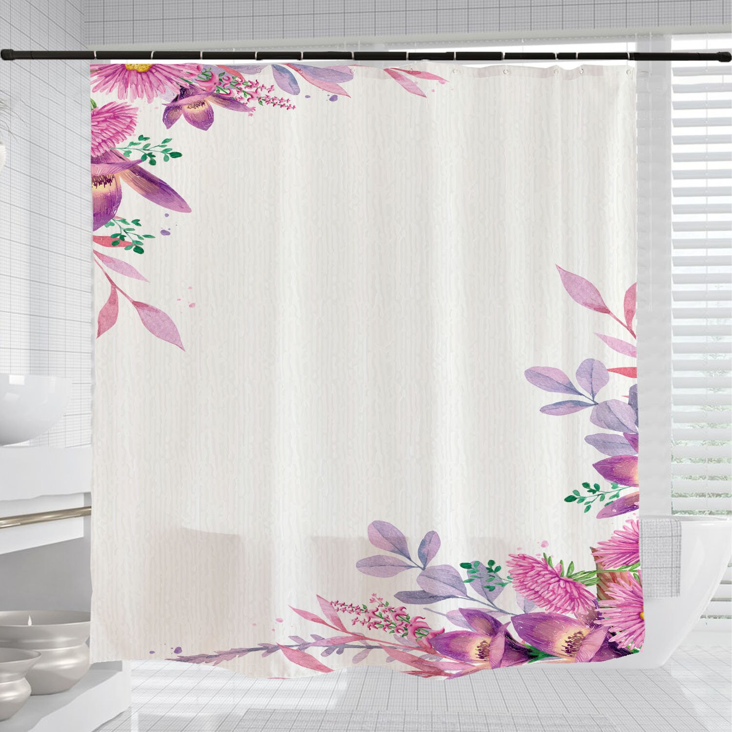 Customizable Flowers Shower Curtain, Spring Floral Bathroom Decor Customizable Size - Image 3