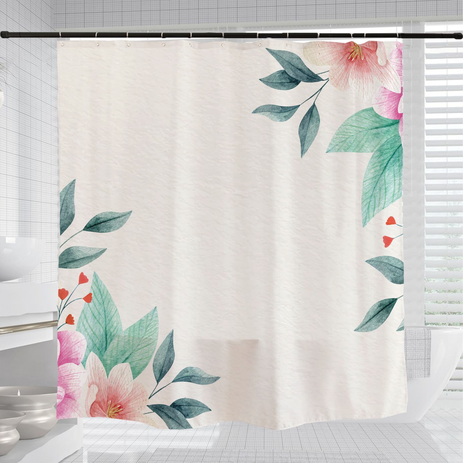 Customizable Minimalist Flowers Shower Curtain, Minimalist Waterproof Washable Bath Curtain - Image 3