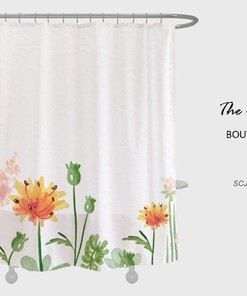 Customizable Orange Wildflower Shower Curtain, Plant Floral Bathroom Decor Hooks and Customizable Size
