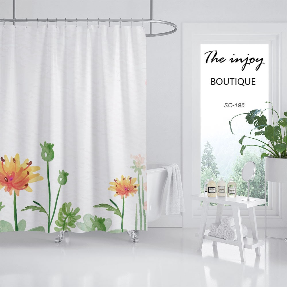 Customizable Orange Wildflower Shower Curtain, Plant Floral Bathroom Decor Hooks and Customizable Size - Image 2