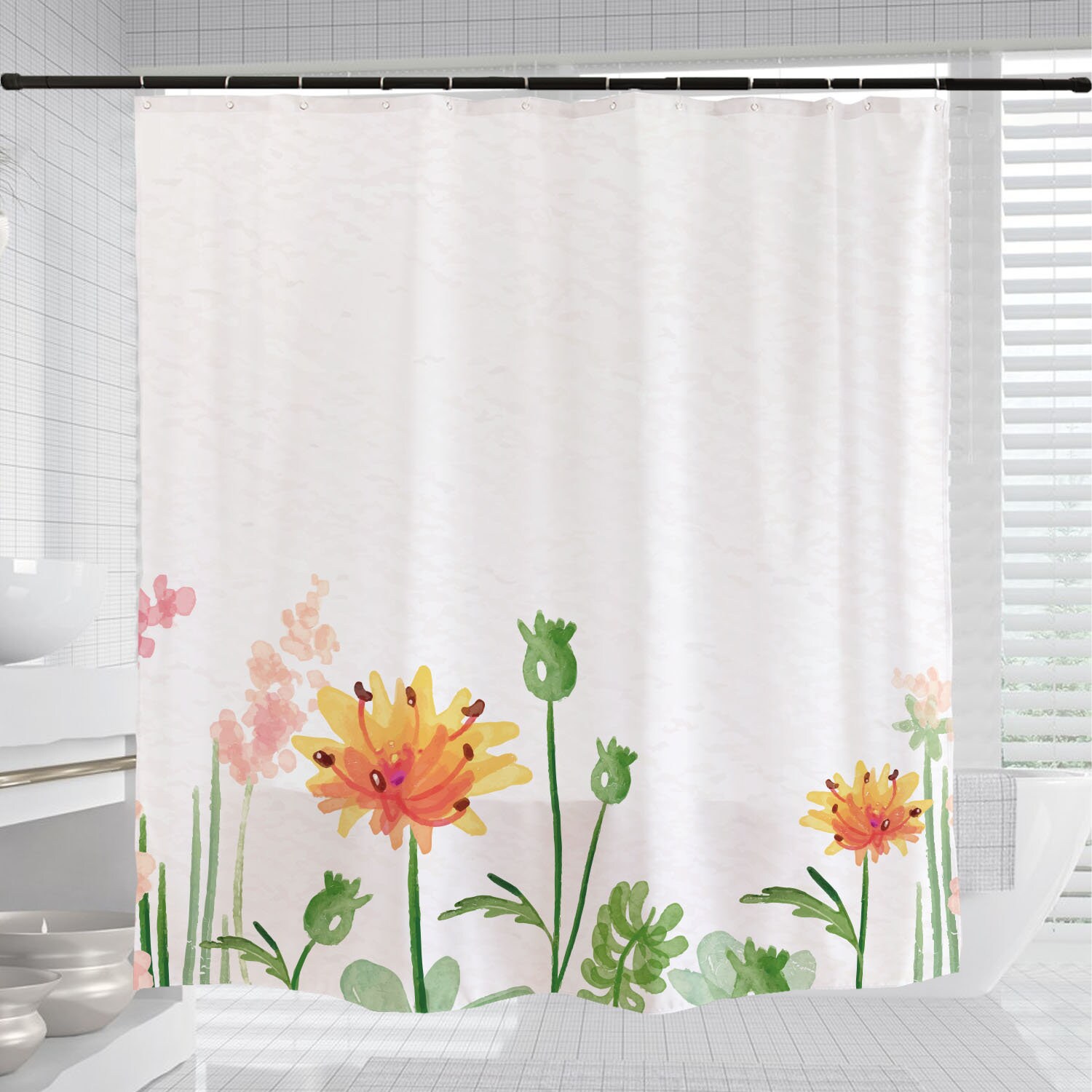 Customizable Orange Wildflower Shower Curtain, Plant Floral Bathroom Decor Hooks and Customizable Size - Image 3