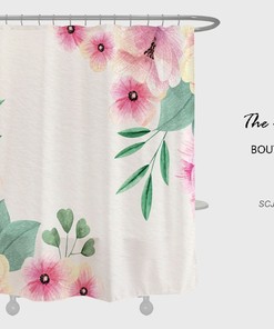 Customizable Pink Flowers Shower Curtain, Minimalist Plant Floral Bathroom Waterproof Washable Bath Curtain and Hooks