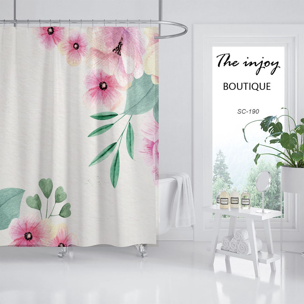Customizable Pink Flowers Shower Curtain, Minimalist Plant Floral Bathroom Waterproof Washable Bath Curtain and Hooks - Image 2