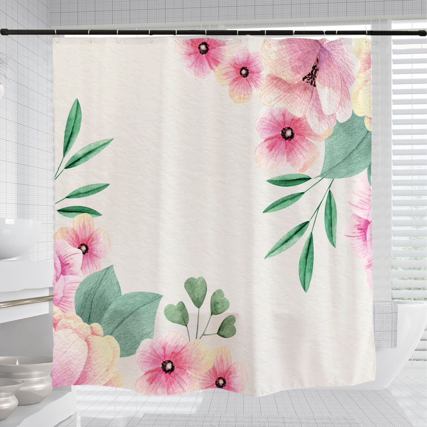 Customizable Pink Flowers Shower Curtain, Minimalist Plant Floral Bathroom Waterproof Washable Bath Curtain and Hooks - Image 3
