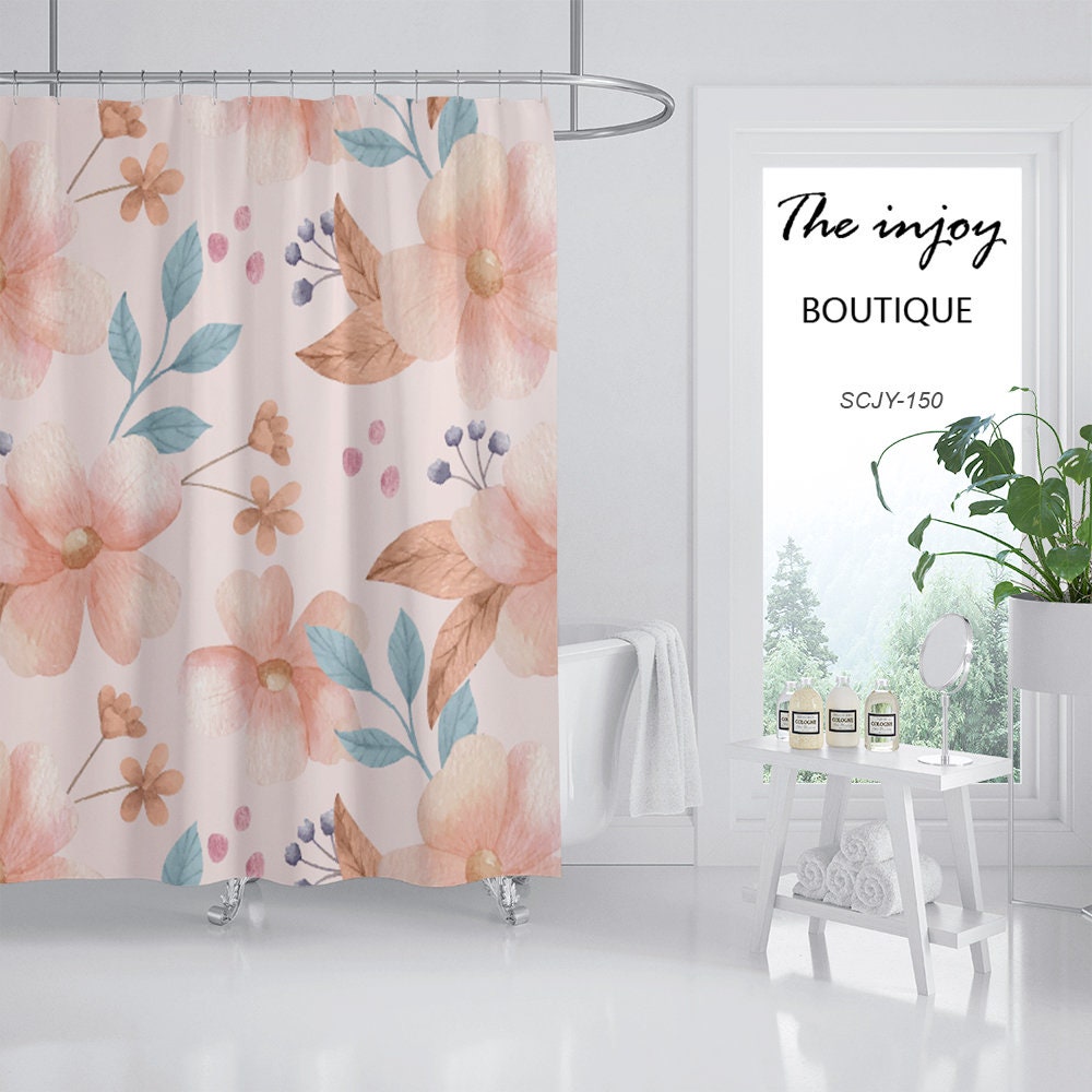 Customizable Pink Flowers Shower Curtain for Bathroom, Floral Plant Home Decor - Image 2