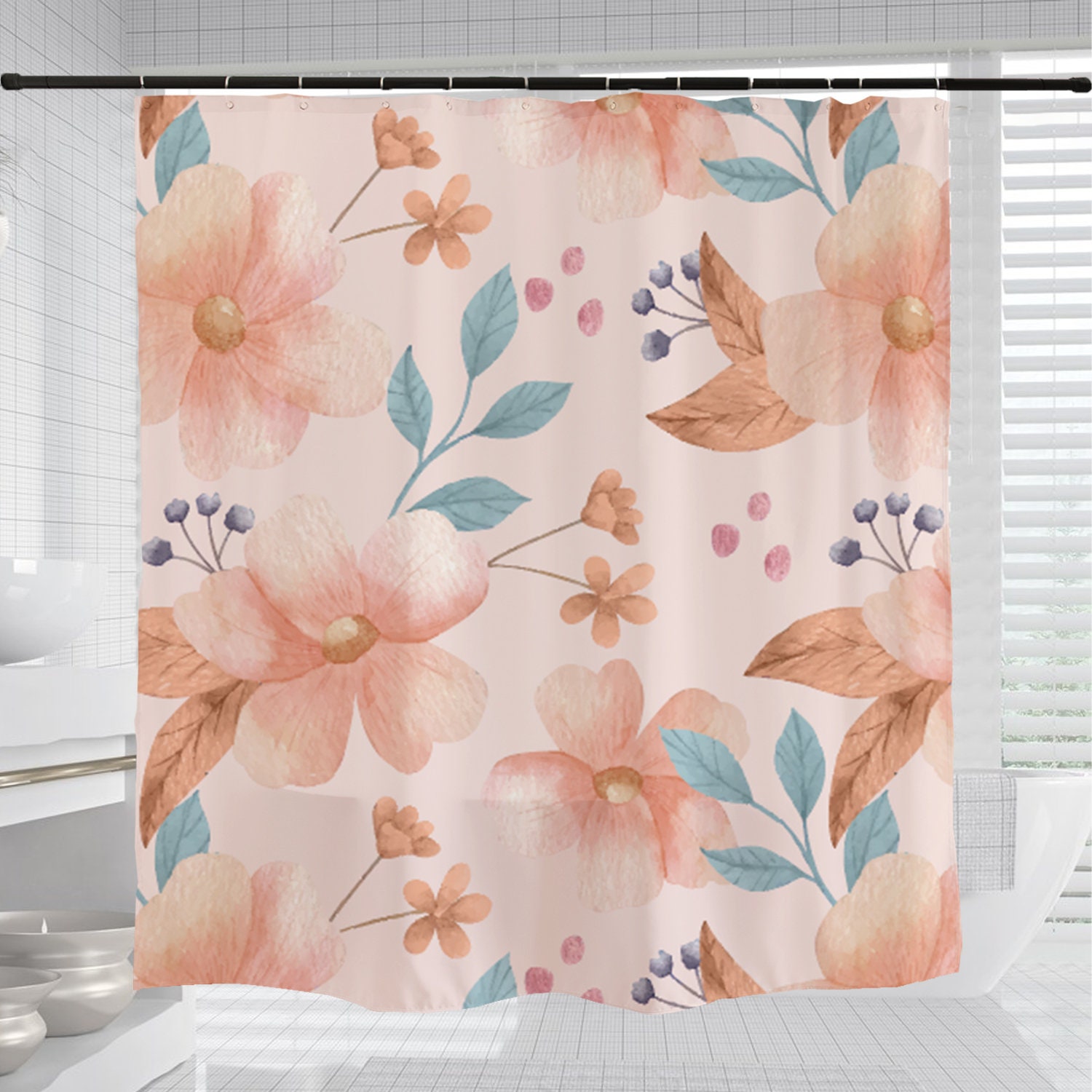Customizable Pink Flowers Shower Curtain for Bathroom, Floral Plant Home Decor - Image 3
