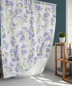 Customizable Purple Flowers Watercolor Shower Curtain, Botanical Garden Cute Floral with Fabric Bathroom Curtain Mat