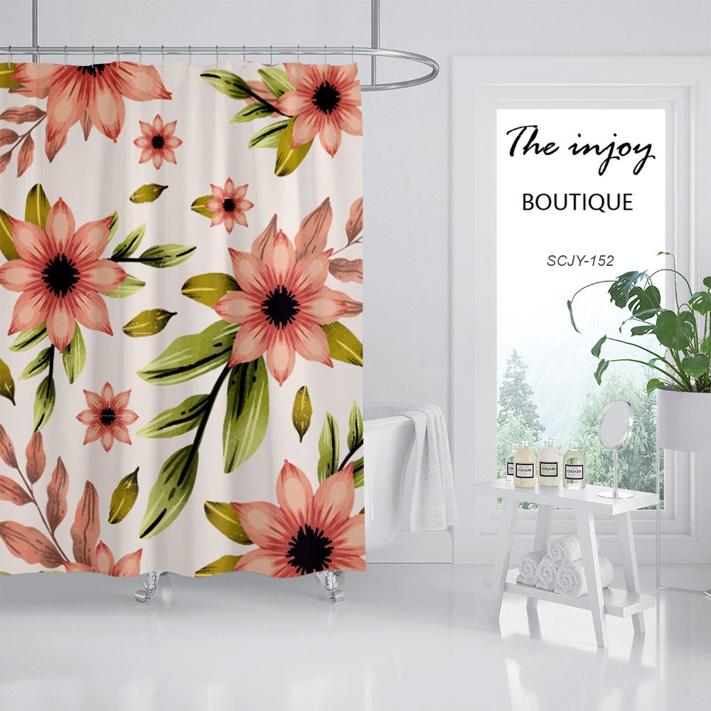 Customizable Red Flowers Shower Curtain for Bathroom, Floral Plant Home Decor - Image 2