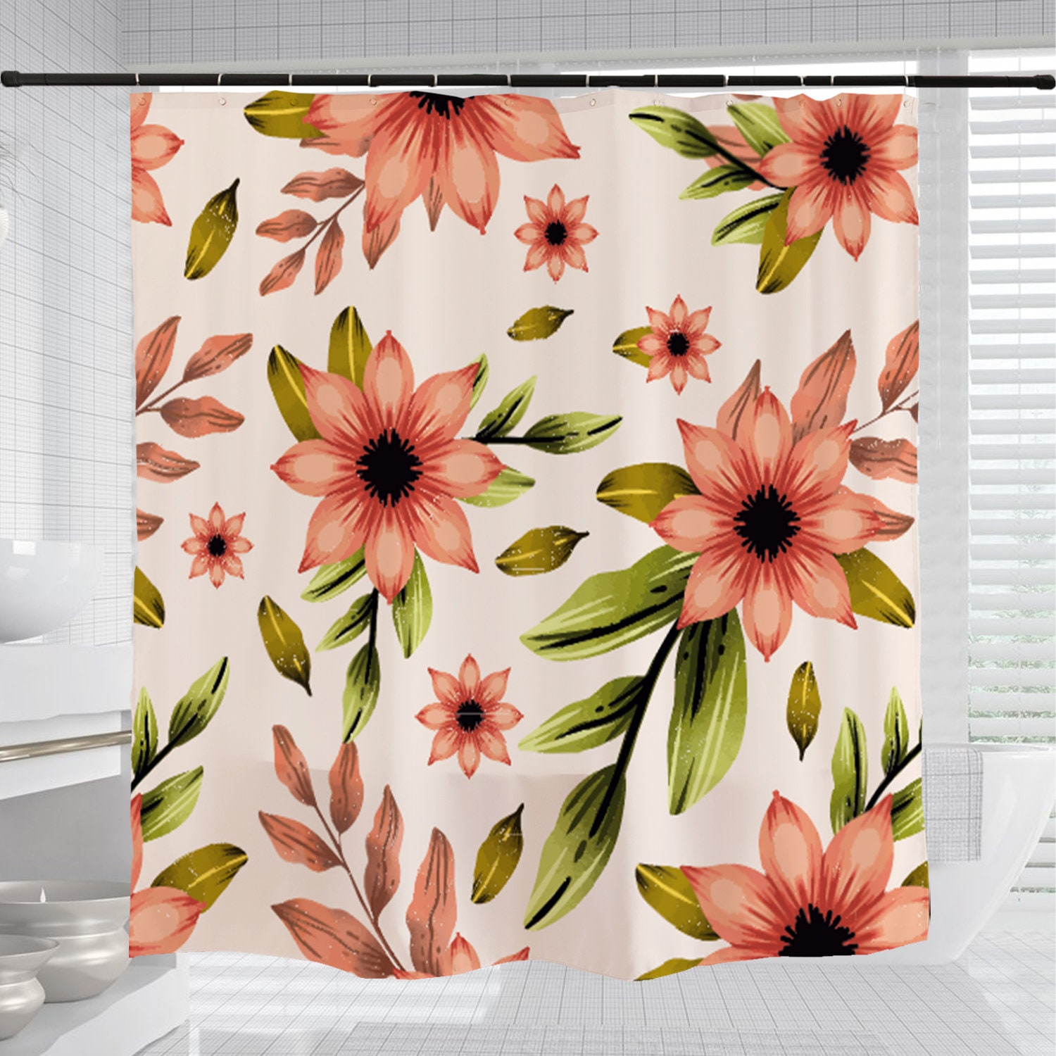 Customizable Red Flowers Shower Curtain for Bathroom, Floral Plant Home Decor - Image 3