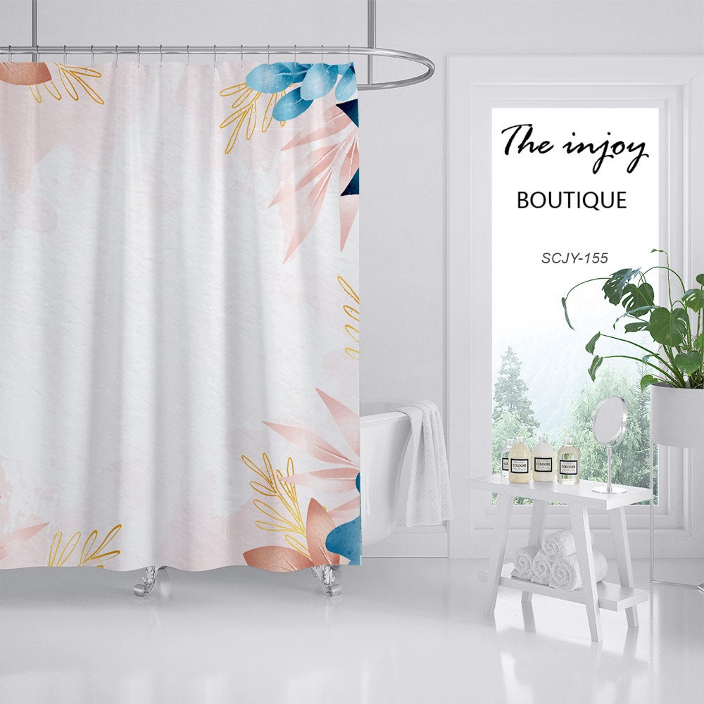 Customizable Simple Flowers Shower Curtain for Bathroom, Blue Floral Plant Decor with Waterproof Washable Bath Curtain - Image 2