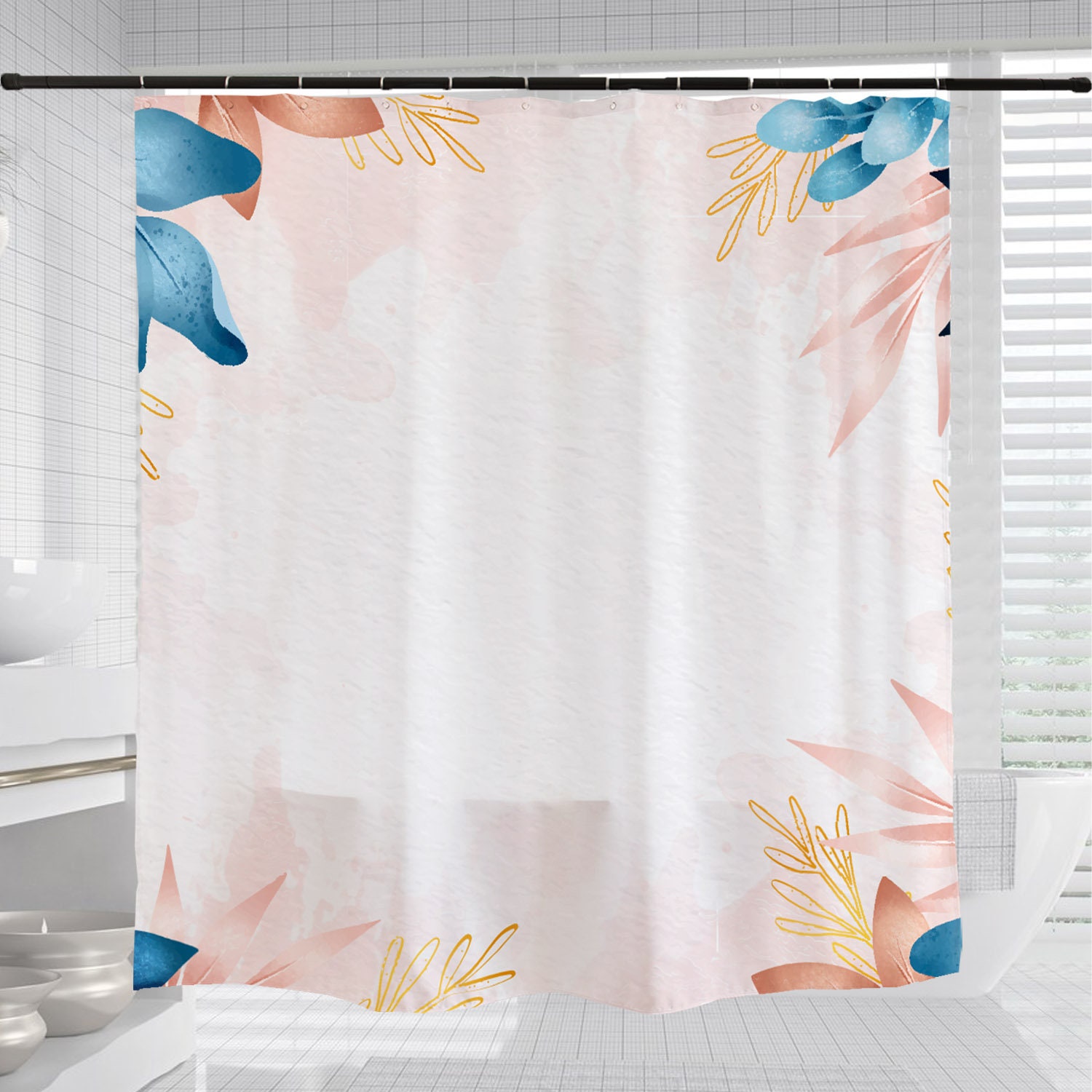 Customizable Simple Flowers Shower Curtain for Bathroom, Blue Floral Plant Decor with Waterproof Washable Bath Curtain - Image 3