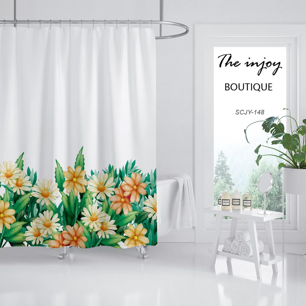 Customizable Summer Flower Shower Curtain for Bathroom, Floral Plant Home Decor Bath Curtain and Hooks - Image 2