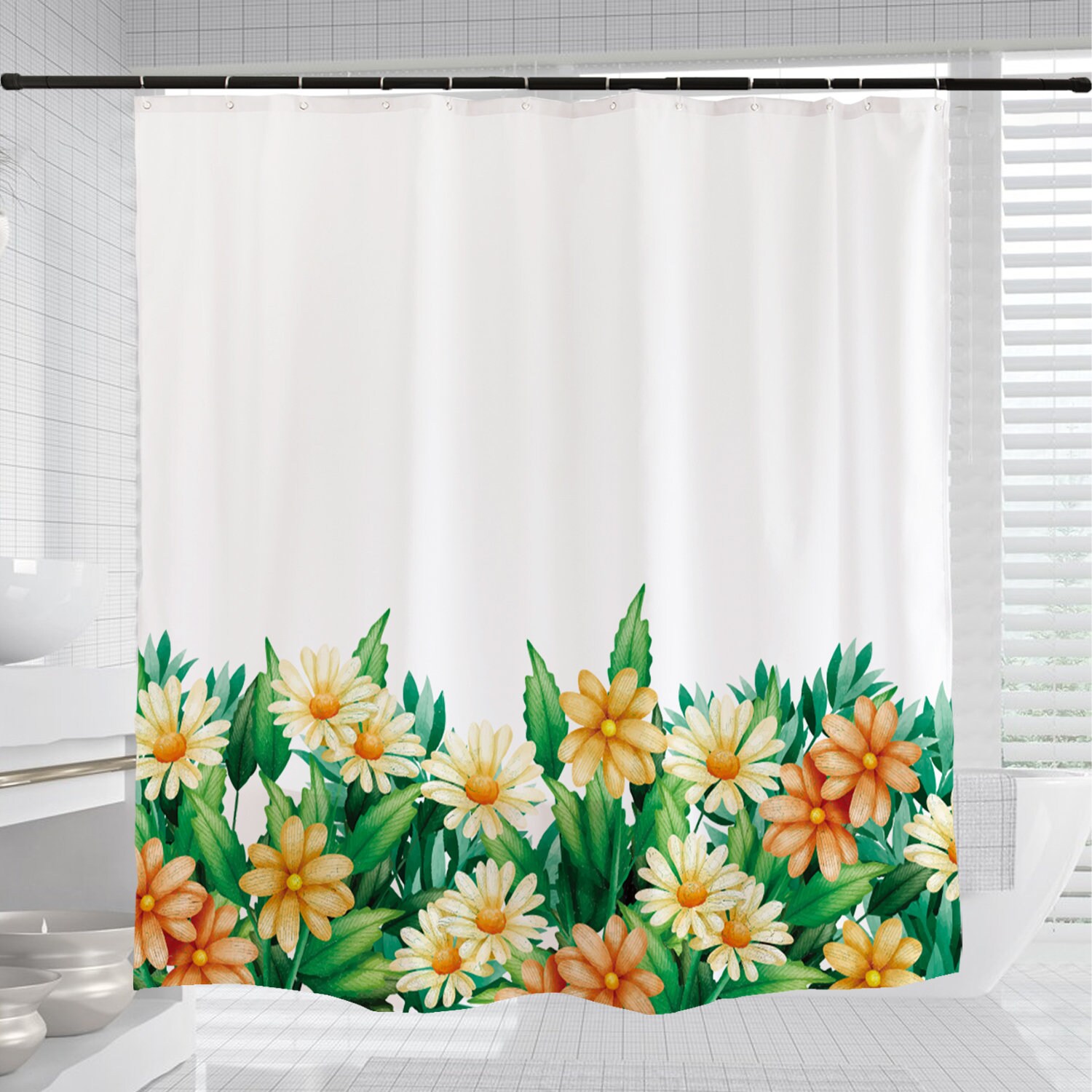 Customizable Summer Flower Shower Curtain for Bathroom, Floral Plant Home Decor Bath Curtain and Hooks - Image 3