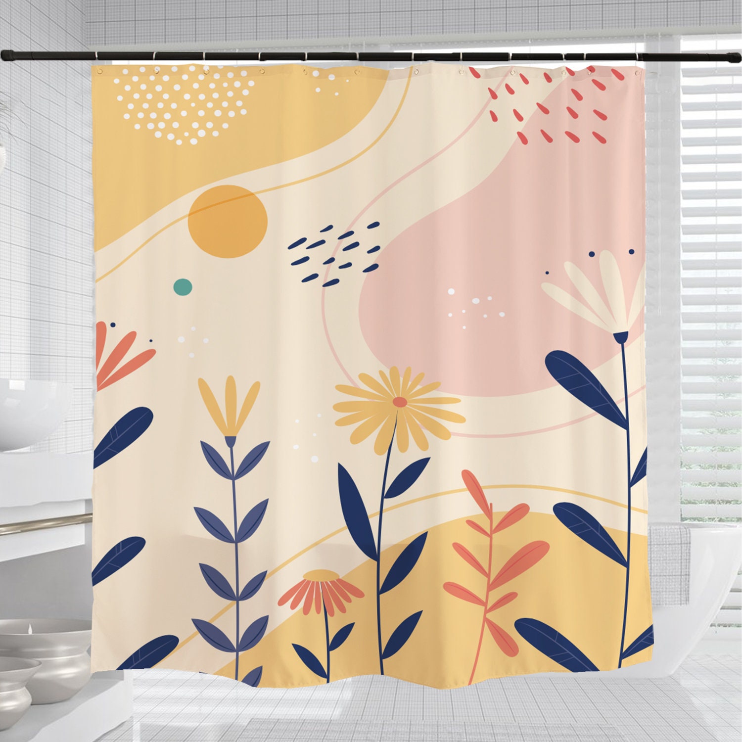 Customizable Sun Flowers Shower Curtain for Bathroom, Floral Plant Home Decor - Image 2