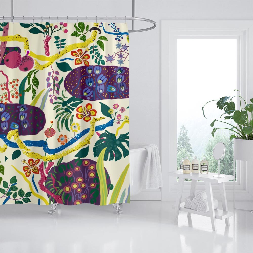 Customizable Waterproof Shower Curtain with Colorful Forest Flowers - Image 2
