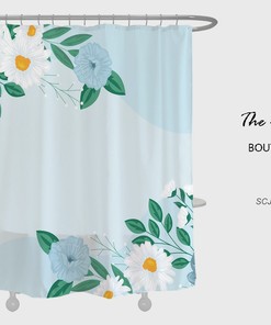 Customizable White Flowers Shower Curtain for Bathroom, Blue Floral Plant Decor with Waterproof Washable Bath Curtain