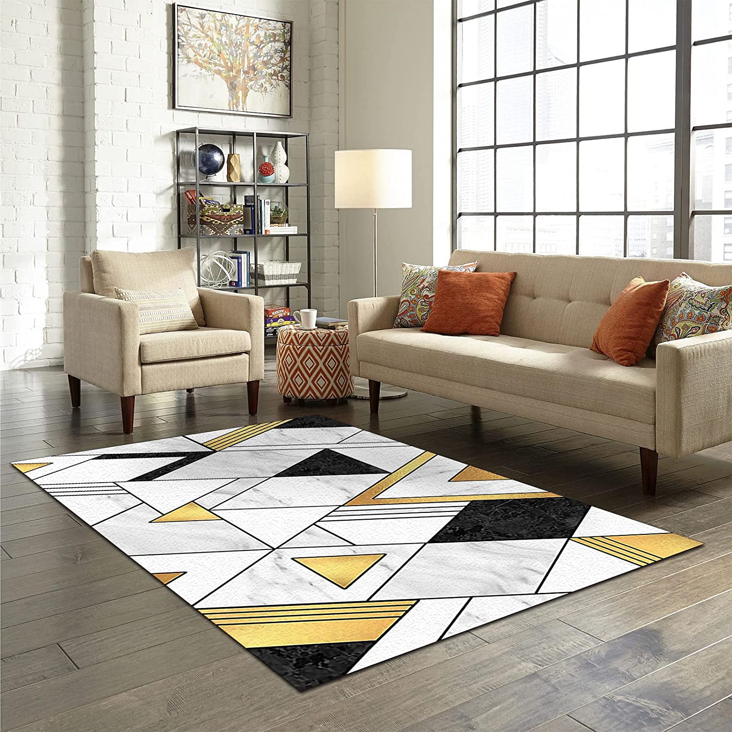 Customizable Yellow Black White Marble Texture Area Rug with Irregular Geometry Triangle