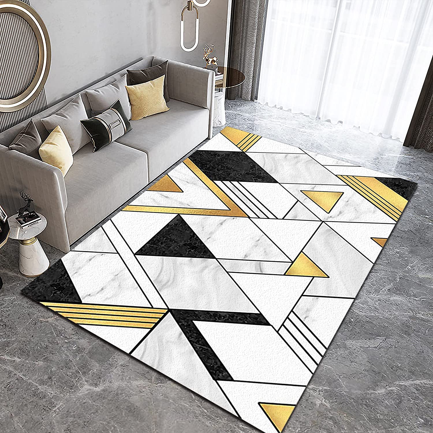 Customizable Yellow Black White Marble Texture Area Rug with Irregular Geometry Triangle - Image 2