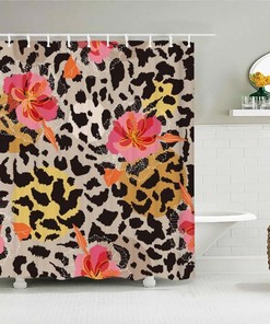 Customized Floral Leopard Print Shower Curtain, Pink Flowers Fabric Curtain, Home Bathroom Decor Accessories