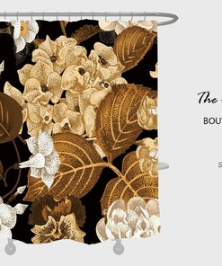 Customized Gold Flowers Shower Curtain, Waterproof & Washable with 12 Hooks for Floral Blossom