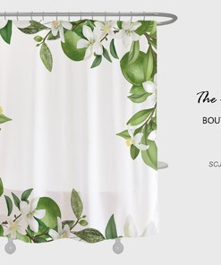 Customized White Flowers Shower Curtain with Hooks, Floral Plant Home Decor with Waterproof Washable Bath Curtain