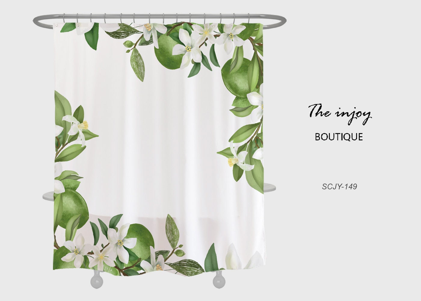 Customized White Flowers Shower Curtain with Hooks, Floral Plant Home Decor with Waterproof Washable Bath Curtain