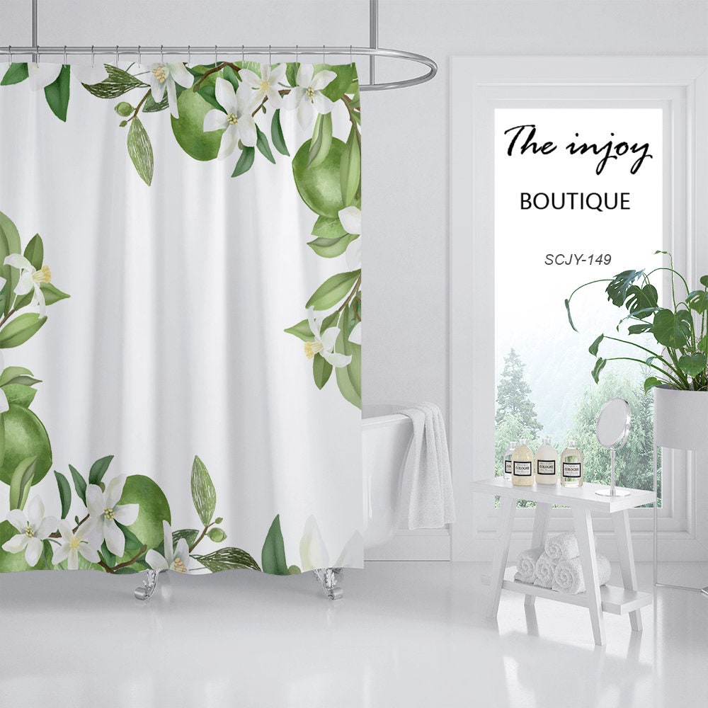 Customized White Flowers Shower Curtain with Hooks, Floral Plant Home Decor with Waterproof Washable Bath Curtain - Image 2